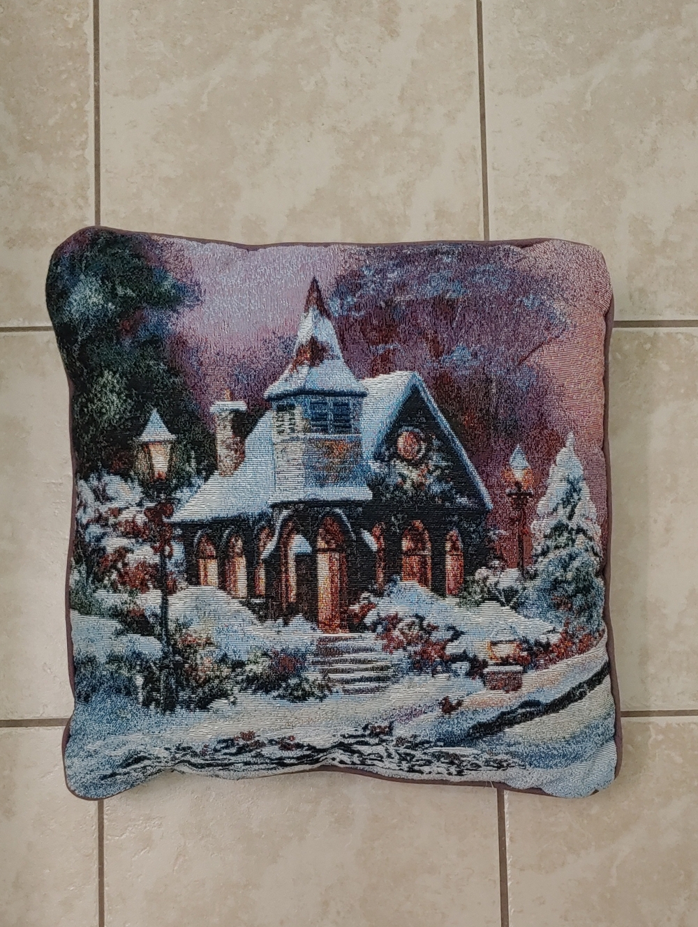 Vintage Christmas Tapestry Pillow Winter Wonderland Snowy Chapel Church